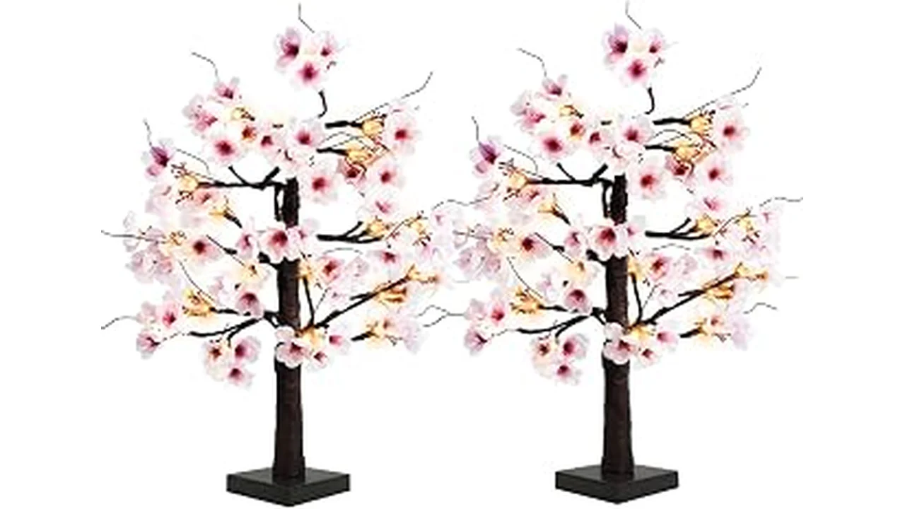 The image shows a lit artificial bonsai tree with delicate branches, perfect for home decor.