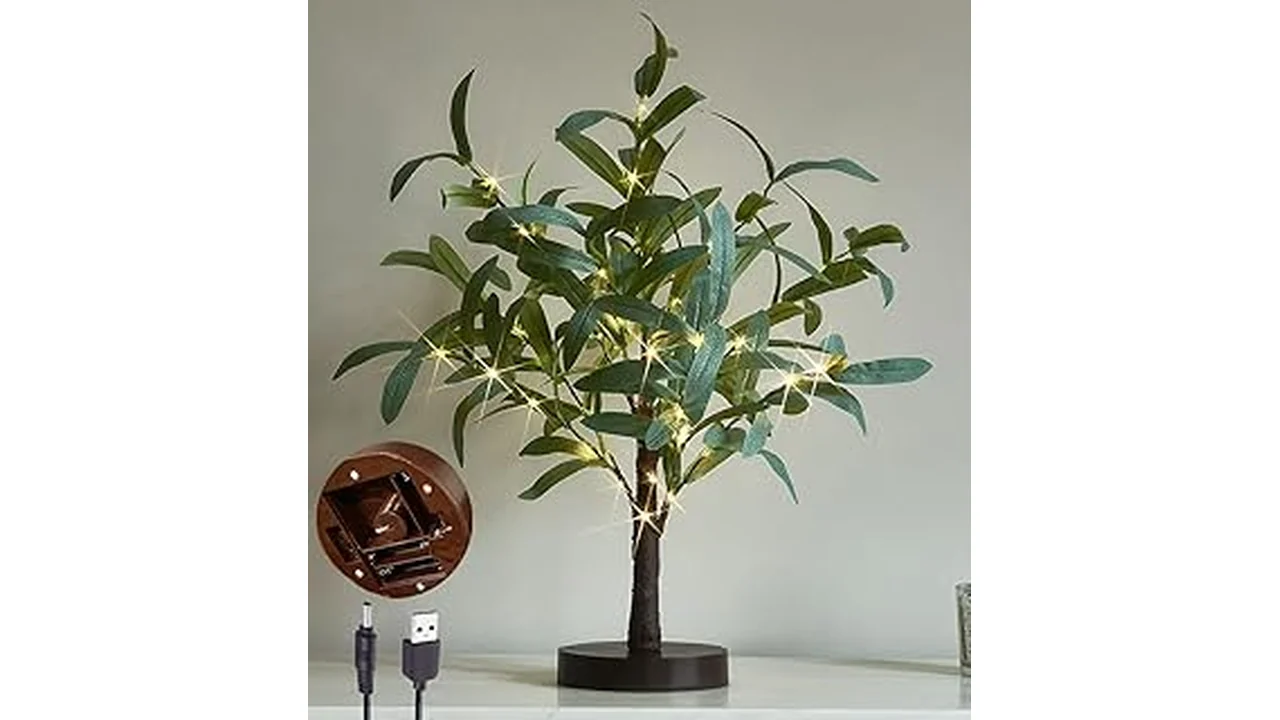 The image shows a lit artificial bonsai tree, highlighting it as a top-rated choice.