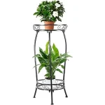 The image shows a stylish wooden plant stand holding a potted plant, part of a review on the best indoor plant stands.