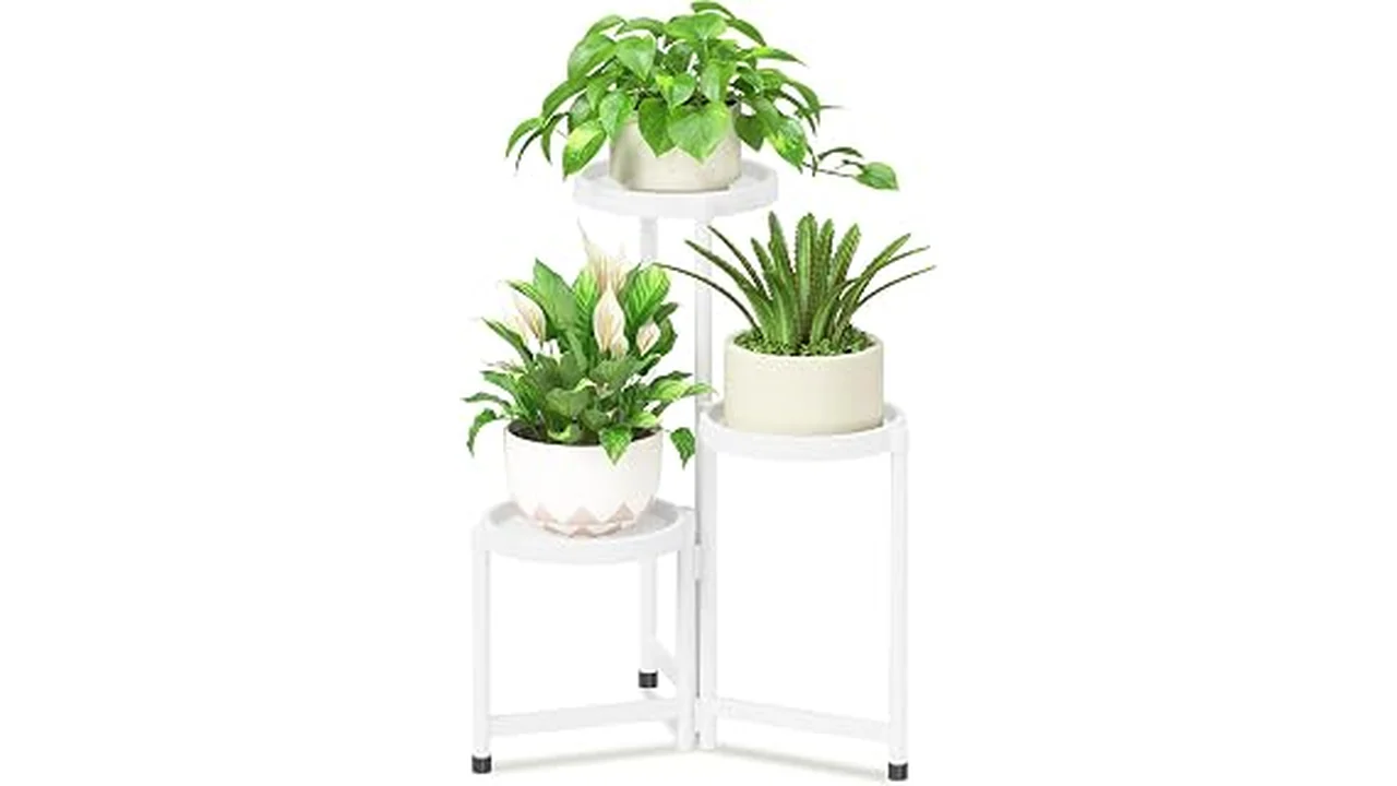 The image shows a stylish, compact indoor plant stand holding a potted plant in a bright room.