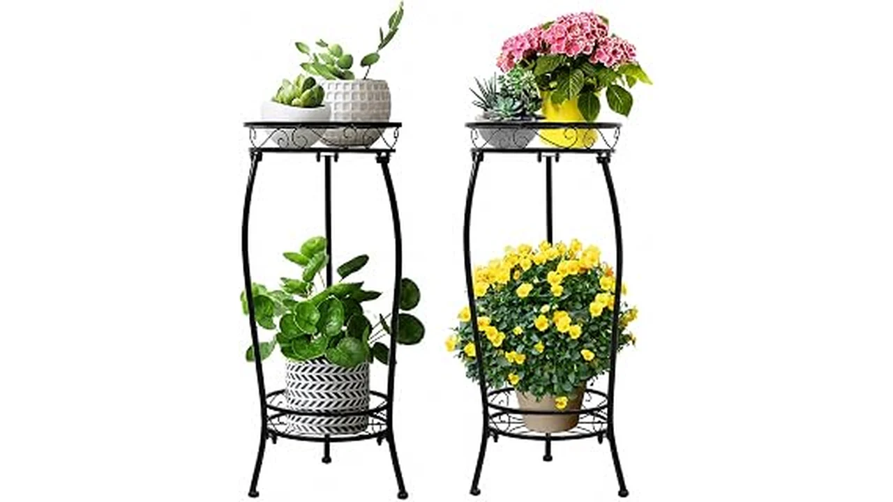 The image shows a selection of durable plant stands in a home setting, featured in a review.