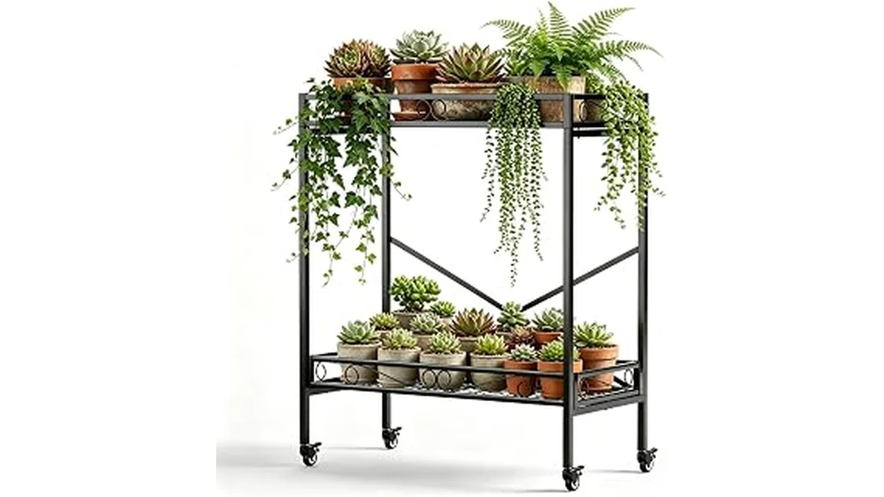The image shows a sleek, modern plant stand holding a lush green potted plant, perfect for the best indoor plant stand review.