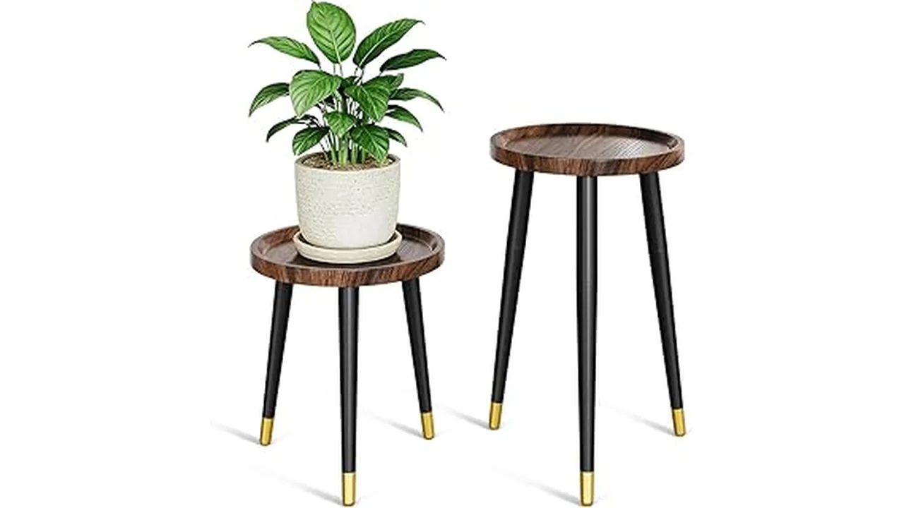 This image shows a collection of modern indoor plant stands with sleek finishes, perfect for any home.
