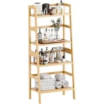 This image shows a stylish multi-tiered plant stand with storage shelves, perfect for indoor plants.