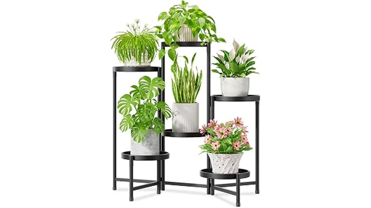 The image shows a stylish wooden plant stand holding a potted plant, perfect for easy indoor plant care.