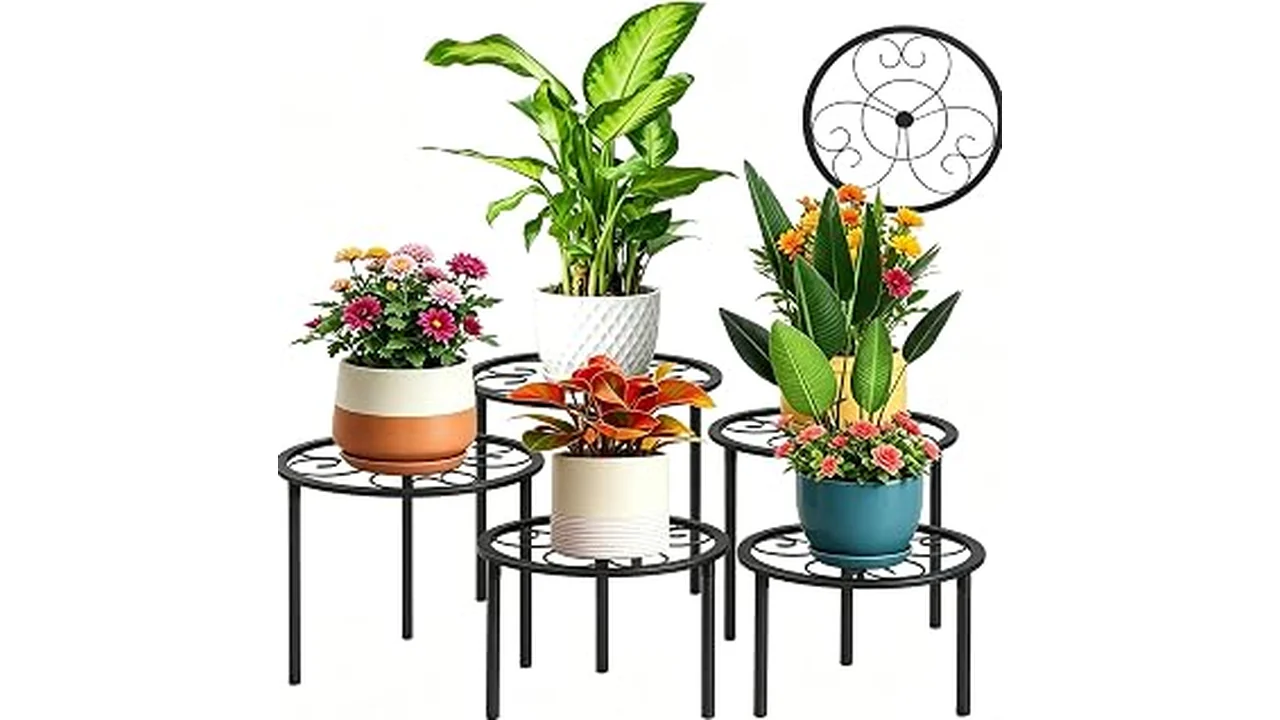The image shows a modern plant stand holding a decorative flower pot, highlighting the best indoor plant stands for review.