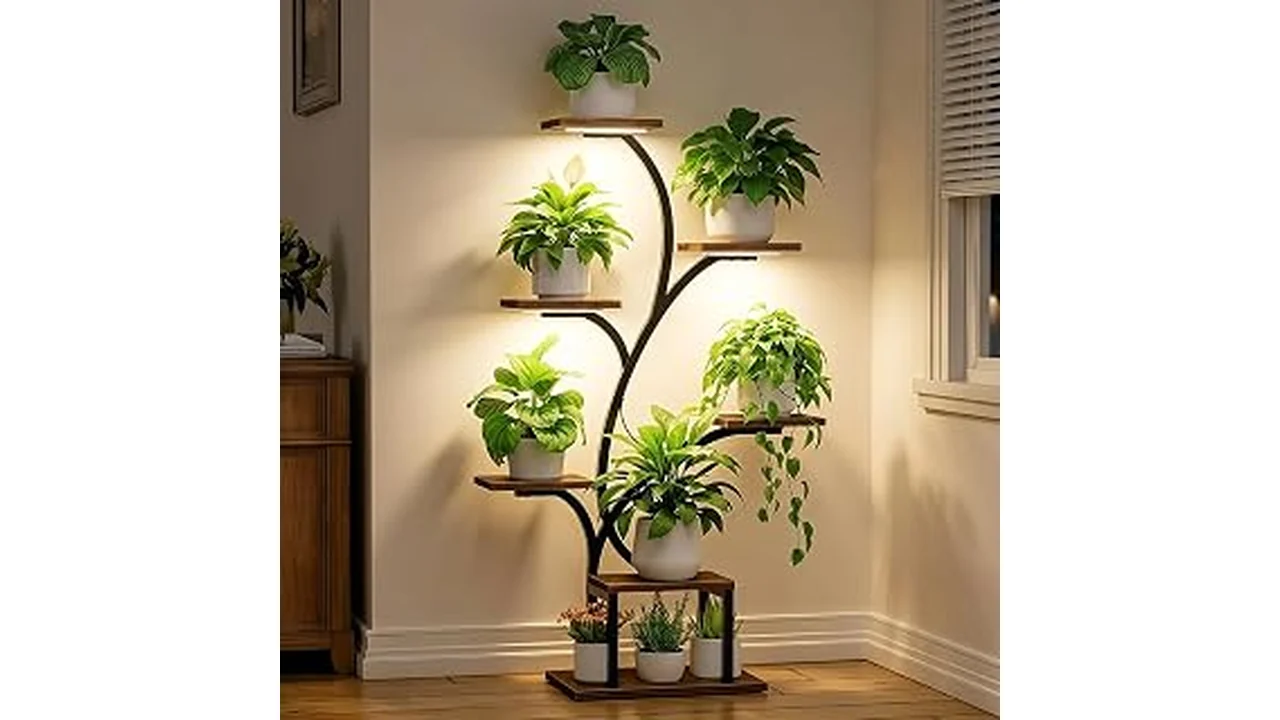 The image shows a stylish modern plant stand with a potted plant in a bright living room setting.