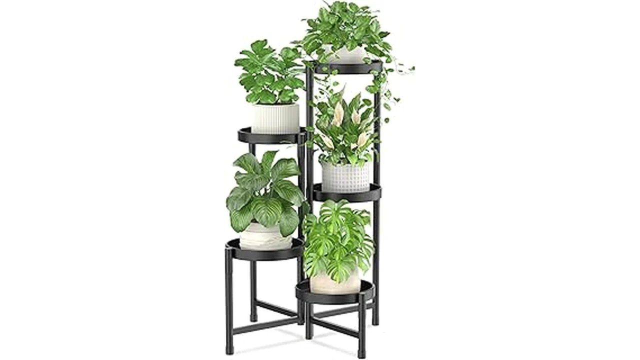 The image shows a stylish, multi-tiered plant stand holding several indoor plants, perfect for small apartment spaces.