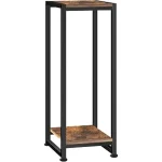 The image shows a stylish wooden indoor plant stand with square shelves, perfect for displaying houseplants.