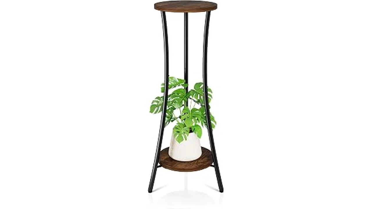 The image shows a stylish wooden plant stand holding a leafy green plant, perfect for small indoor spaces.