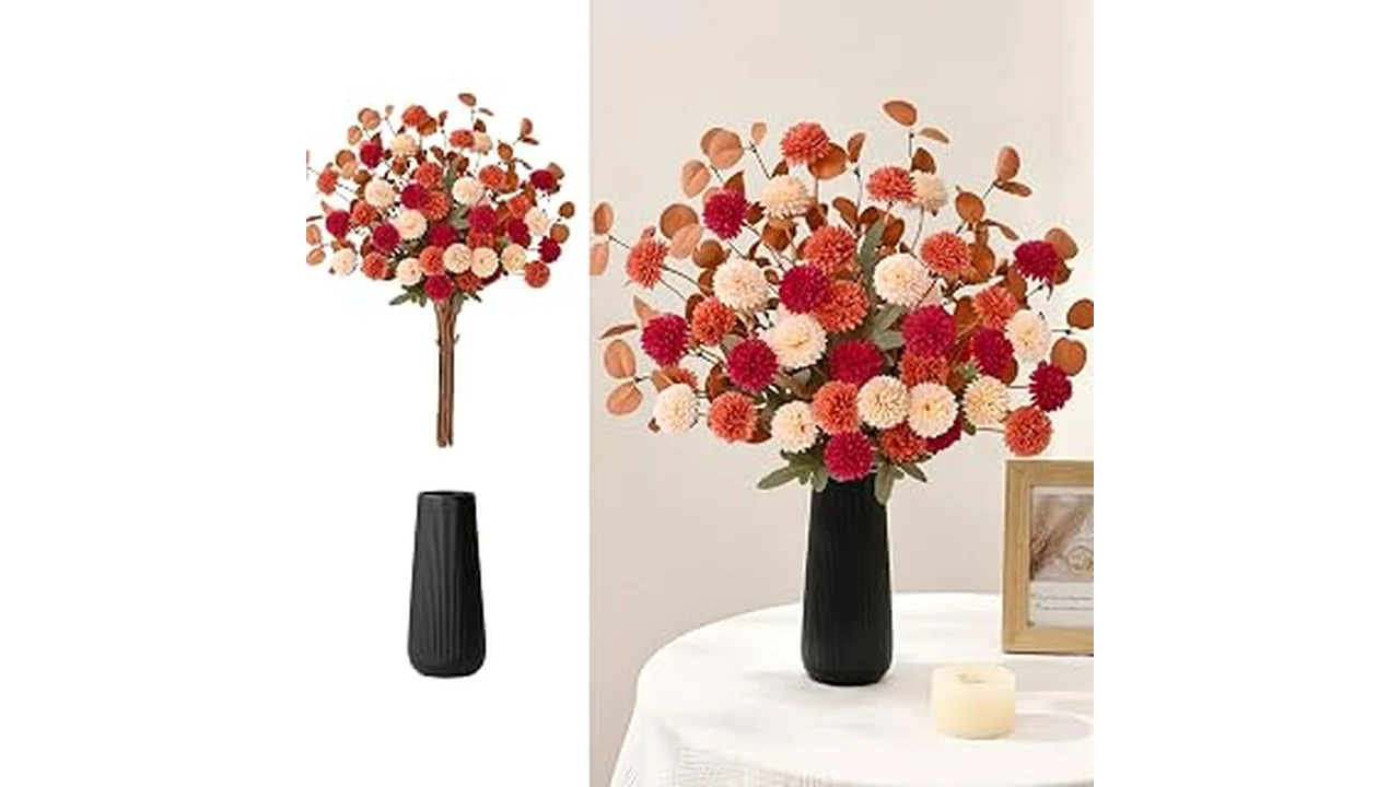 The image shows a beautiful arrangement of realistic artificial flowers in a large vase.